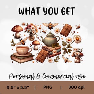 a poster with a picture of a teapot, books, flowers, and bees