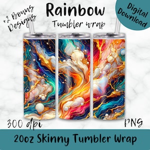 Rainbow Tumbler Wrap | Marble Neon Colors and Gold Glitter | 20oz Tumbler Sublimation Design PNG | Alcohol Ink Tumbler PNG File |Rainbow Png