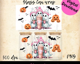 Leuke Ghost UV-wrap | Leuke geest voor 16oz blikglas | Bierblikje, glas, png | Pastelkleur Halloween | Griezelige sublimatiepng | Wrap Coffee Lover