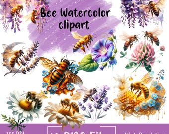Bee Clipart Watercolor Floral Bees PNG Clipart Set Printable Watercolor Clip Art Bundle Flowers and Bees Sublimation Designs