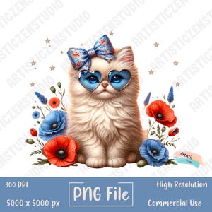 Chemise patriotique de chat du 4 juillet Png Sublimation de chats Conception de coquette clipart patriotique Illustration animale florale de chat Télécharger pour des t-shirts