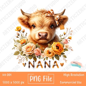 Nana Highland Cow Png T-shirt design en sublimation mignonne de grand-mère vache pour la fête des mères Cadeau d'art en sublimation de peau de vache pour grand-mère vache Png