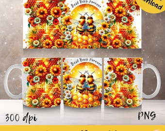 Bee Mug Wrap Sublimation | Yellow Honeycomb Floral Bee Mug Wrap | 11oz & 15oz mug wrap | Bee Lovers mug wrap | Best Friends Clipart