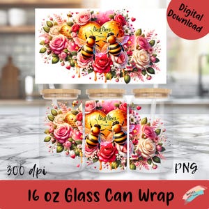 Blikje bijenglas | 16 oz glazen blikverpakking | Besties Forever-png | Bloemdessin honingbij | Valentines Best Friends png | Glazen blikje bloemen