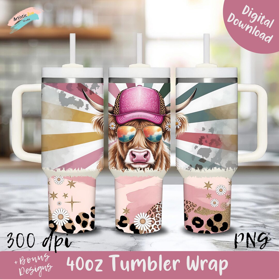 Highland Cow Tumbler Wrap PNG Retro Cowgirl 40oz Sublimation Design ...