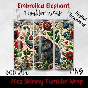 Embroidered Elephant 20 oz Skinny Tumbler Sublimation Design Digital Download PNG DIGITAL ONLY, Embroidery Mandala Elephant Tumbler Wrap