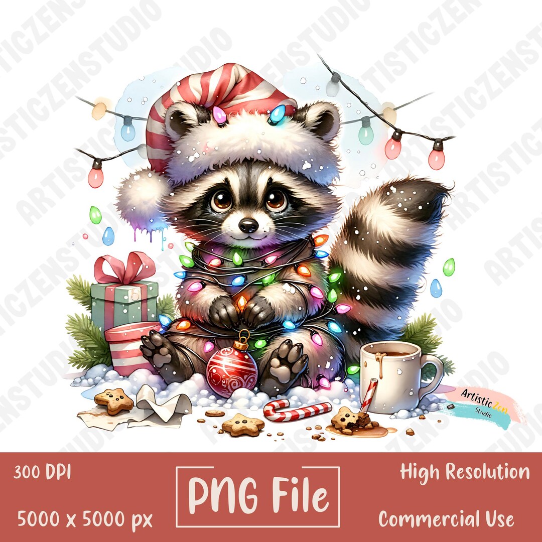 Christmas Raccoon PNG Cute Holiday Animal Sublimation Design Santa Hat ...