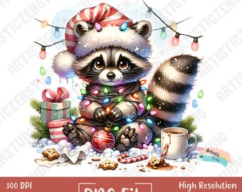 Christmas Raccoon PNG Cute Holiday Animal Sublimation Design Santa Hat and Lights Clipart Funny Winter Digital Download