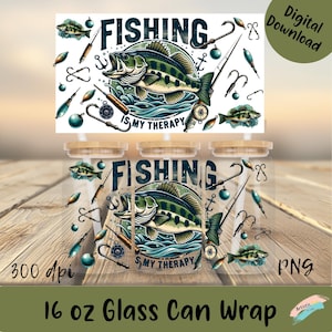 La pesca es mi terapia Envoltura de vidrio para latas / diseño de peces / Sublimación de pesca / Lubina png / Diseño de sublimación / Descarga digital / Pescador PNG