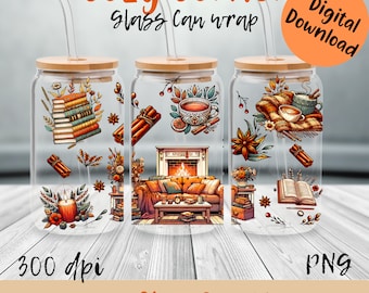 Cozy Corner Glass Can Wrap, Boho Seating Area png, uv def wrap, Book Lover, Cozy Winter png, Cozy Reading Corner Wrap, 16 oz Glass Can Wrap