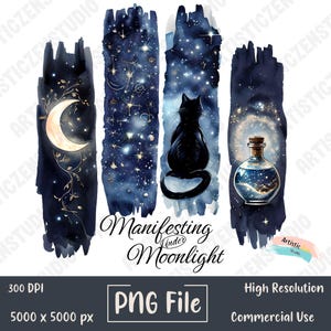 May include: Four watercolor bookmarks with a celestial theme. Designs include a crescent moon, constellations, a black cat, and a potion bottle, all set against a dark blue background. The text "Manifesting Under Moonlight" is also present.