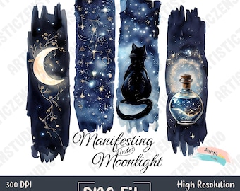 Witchy Cat Celestial Clipart Manifesting Under Moonlight PNG Moon Magic Sublimation Design, Spiritual Night Sky Art