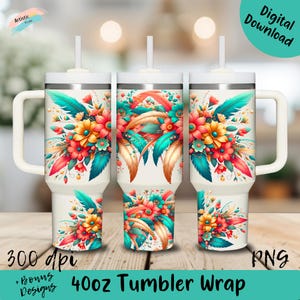 Pastel Flower Wrap for 40oz Tumbler | Boho Floral PNG Tumbler Design | Feather Sublimation Designs | Downloads for 40 oz Tumbler