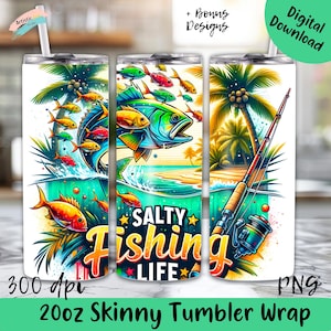 Envoltura para vaso de pesca en agua salada / Diseño de sublimación delgado de 20 oz / Vida de pesca en alta mar de pescadores / tropical png