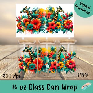 Emballage de verre floral girafe 16 oz UV DTF wraps mignon girafe png décoration animal ludique sublimation design pour tasses en verre cadeau pour les amateurs de girafes