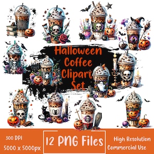 Halloween Coffee Clipart | Scary Gothic Watercolor | Iced Coffee Drink Clipart Bundle | Spooky Season PNG Bundle | Pumpkin Design  Download