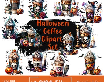 Paquete de imágenes prediseñadas de café de Halloween / Acuarela gótica aterradora / Paquete de imágenes prediseñadas de bebida de café helado / Paquete PNG de temporada espeluznante / Descarga de diseño de calabaza
