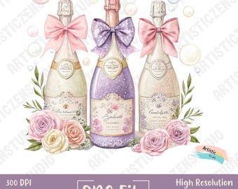Botellas de champán en acuarela con lazos coquetos / Diseño de acuarela de club social / Diseño preppy / Diseño de sublimación / Grandmillennial PNG
