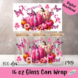 ピンク パンプキン リボン啓発 | 乳がん啓発 | がん啓発グラス | モチベーション タンブラー | 啓発 png | 16 オンス ガラス缶