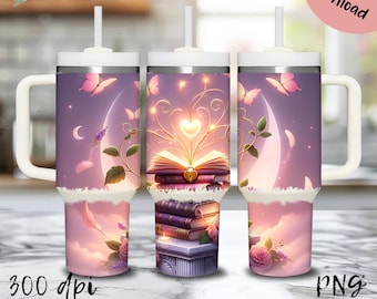 Vaso de 40 oz con diseño de libros encantados, vaso celestial, libro de mariposas, envoltura de 40 oz, regalo para amantes de los libros, envoltura de vaso de fantasía con sublimación