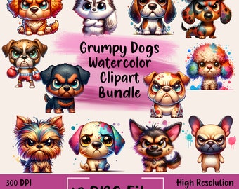 Grumpy Dogs png Bundle, Quirky Animals Clipart Bundle, Sublimation ClipArt, Nursery Party graphics, Dog Clipart Bundle, Funny Dog Clipart