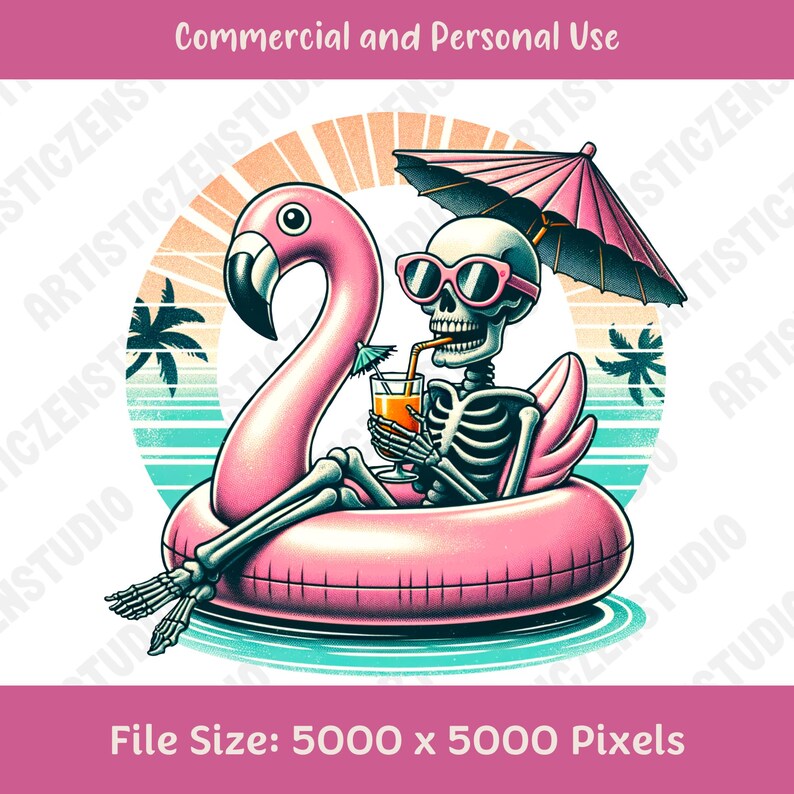 a skeleton sitting on an inflatable flamingo with a drink