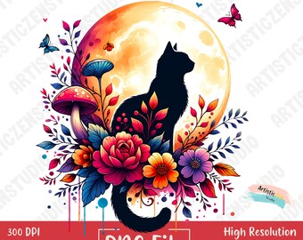 Sunset Moon Cat PNG T Shirt Design Mystical Floral Cat Silhouette Clipart Witchy Mushroom Digital Art Celestial Cottagecore Design