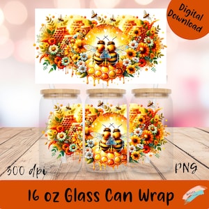 Bee Glass Can Wrap | Queen Bee Floral Glass Can Wrap | Cute Bumble Bee Glass Can Wrap | Honeycomb Design | Floral Design for 16oz Libbey