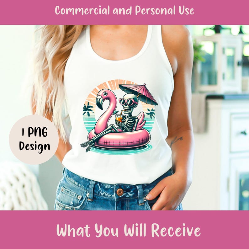 a woman wearing a white tank top with a pink flamingo on it
