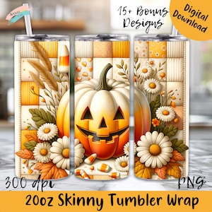 Halloween pumpa tumbler wrap 20oz godis majs lapptäcke PNG höst prästkragar sublimering digital nedladdning höst lapptäcke PNG mysig höst