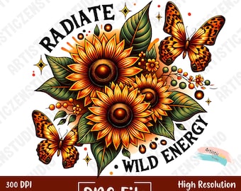 Sunflower Butterfly PNG Butterly Leopard Print Sublimation Clipart Png Wildflowers Positive and Motivated Quote Rustic Floral Wall Art