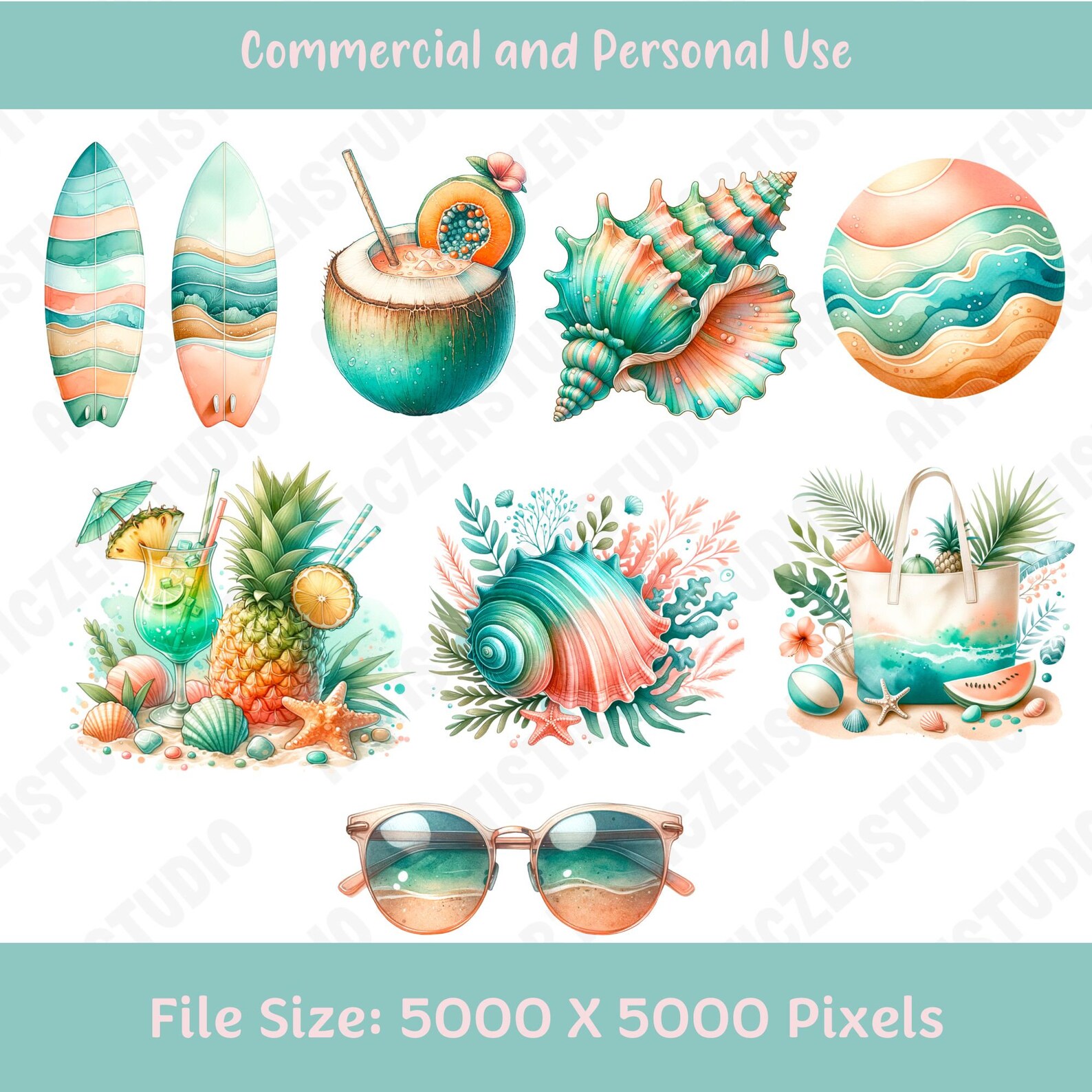 Summer Beach Watercolor Clipart Set, Vacation Clip Art, Boho Tropical ...