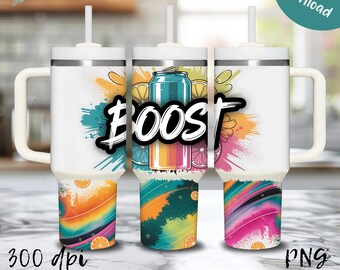 Energy Drink Clipart PNG Boost Energy Drink Tumbler Wrap PNG Colorful 40oz Cup Design Citrus Splash Sublimation Wrap Vibrant Printable