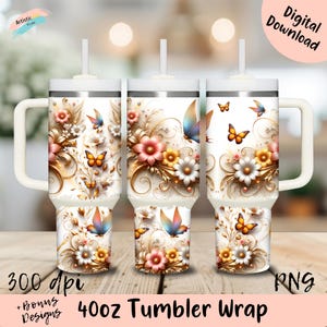 40oz Tumbler PNG | 3D Butterfly Tumbler Design | Seamless Floral Butterflies 40oz Tumbler Wrap | Digital Download | Sublimation wrap
