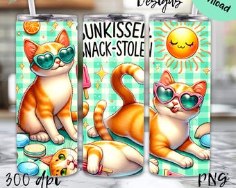 Summer Cat PNG 20oz Tumbler Wrap Retro Beach Kittens Sublimation Cute Cat Digital Download for Summer Vibes Summer Png Tumbler Retro Summer