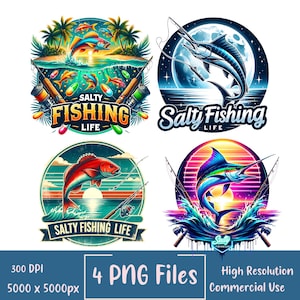 Op de afbeelding: Vier levendige ontwerpen met een visthema. Elk heeft een vis, een hengel en de tekst "Salty Fishing Life". Eén ontwerp toont een vis die uit het water springt met palmbomen. Een ander toont een vis onder een volle maan. De laatste twee tonen een vis die uit het water springt met een zonsondergang.