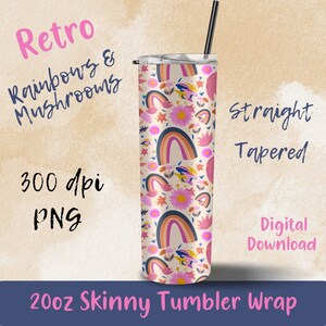 Envoltório de copo magro de 20 onças de arco-íris retrô, envoltório de copo retrô de arco-íris e cogumelos, design de copo retrô rosa, vibrações retrô png ilustração