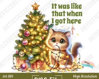 Christmas Cat Tree Chaos PNG Funny Holiday Pet Sublimation Design Cute Kitten Wrapped in Lights Digital Download for Crafters