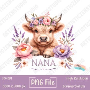 Vaca de las Tierras Altas de Nana PNG Piel de vaca PNG Diseño de sublimación de vaca abuela linda Vaca Nana Mama PNG Día de la Madre Encantadora vaca abuela PNG Arte occidental