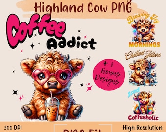 Cute Highland Cow Png, Design di sublimazione, Clipart per tossicodipendenti da caffè, Immagine digitale di mucca, Png occidentale, Design di t-shirt, Download istantaneo Png, DTF
