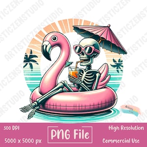Op de afbeelding: Digitale illustratie van een skelet dat ontspant op een roze flamingo-drijver, een zonnebril draagt en een cocktail vasthoudt. Een roze paraplu biedt schaduw. De achtergrond toont een zonsondergang en palmbomen.