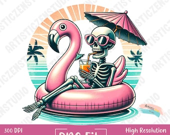 Summer Skeleton PNG Flamingo Float Clipart Funny Vacation Skull Sublimation Retro Beach Goth Digital Download