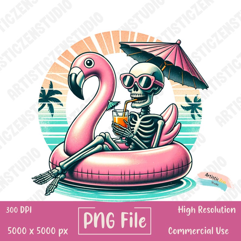 a skeleton sitting on an inflatable flamingo drinking a drink