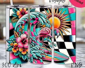 Vaso retro de playa de 20 oz, diseño de playa tropical de verano retro, envoltura de 20 oz, regalo para amantes del océano, arte de tabla de surf, flamenco a cuadros neón, diseño de flamenco ...