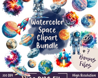 Pacchetto Clipart spazio acquerello Astronauta razzo png / Clipart spazio carino / Clipart spazio esterno / Clipart pianeti / Acquerello astronauta