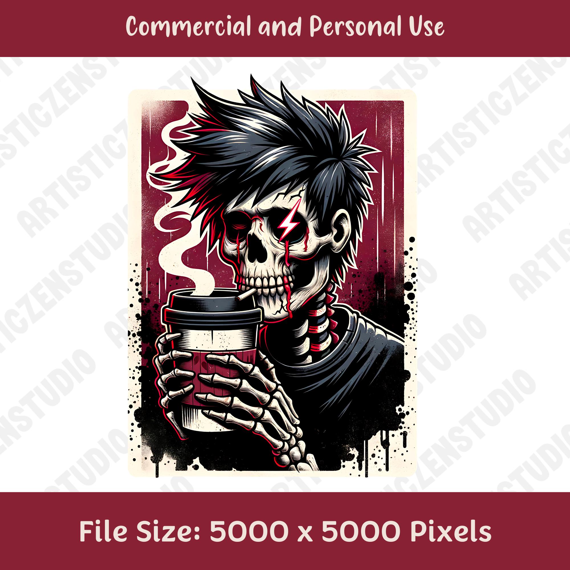 Emo Skeleton Coffee PNG, Gothic Punk Skull Clipart, Halloween Coffee ...