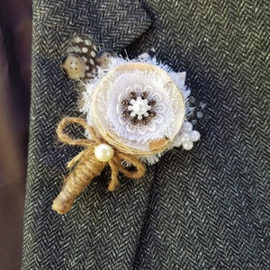 Men Best Man Wedding Boutonniere with shabby chic or gypsy colour theme White shabby chic