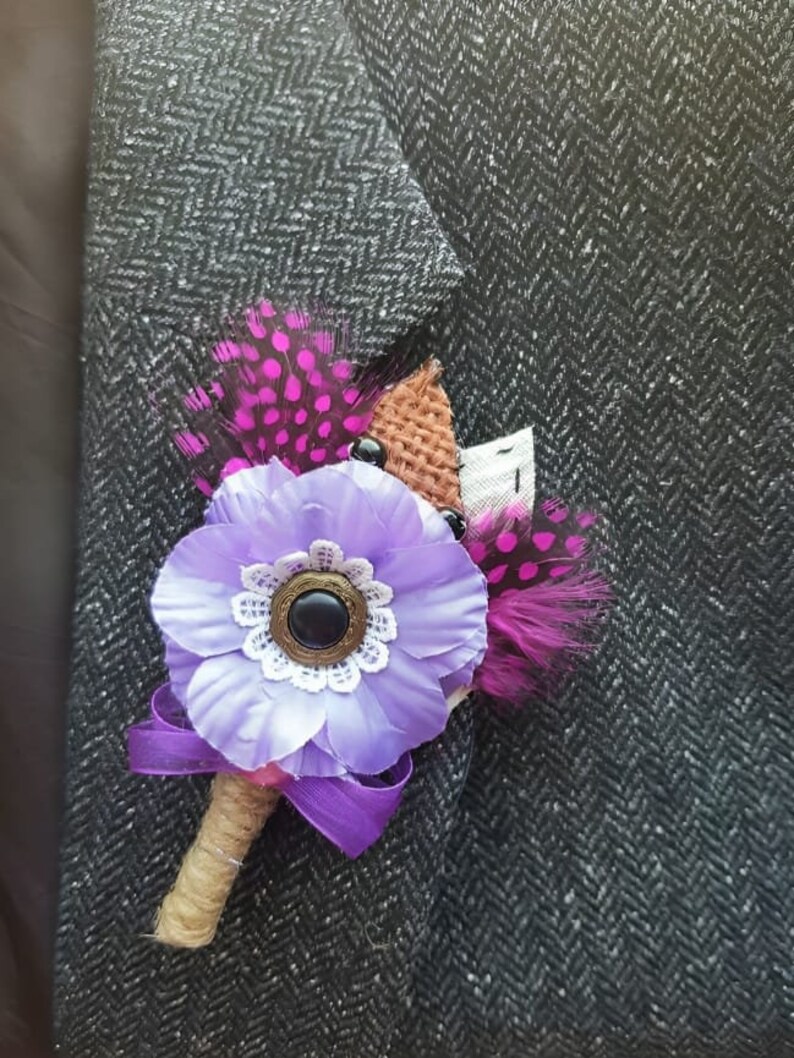Men Best Man Wedding Boutonniere with shabby chic or gypsy colour theme Purple
