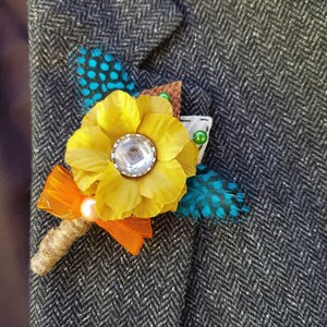 Men Best Man Wedding Boutonniere with shabby chic or gypsy colour theme Gold Yellow