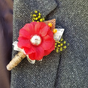 Men Best Man Wedding Boutonniere with shabby chic or gypsy colour theme Red